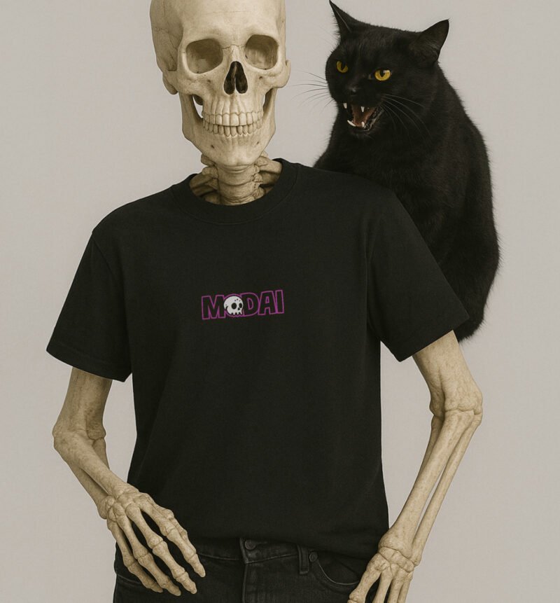 La imagen muestra a un esqueleto luciendo la parte frontal del diseño Salao', de la línea de polos clásicos perteneciente a la Colección Calacas.